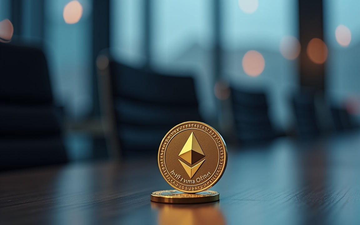 Gold Ethereum coin with the ETH logo displayed on a conference table against a blurred office background.