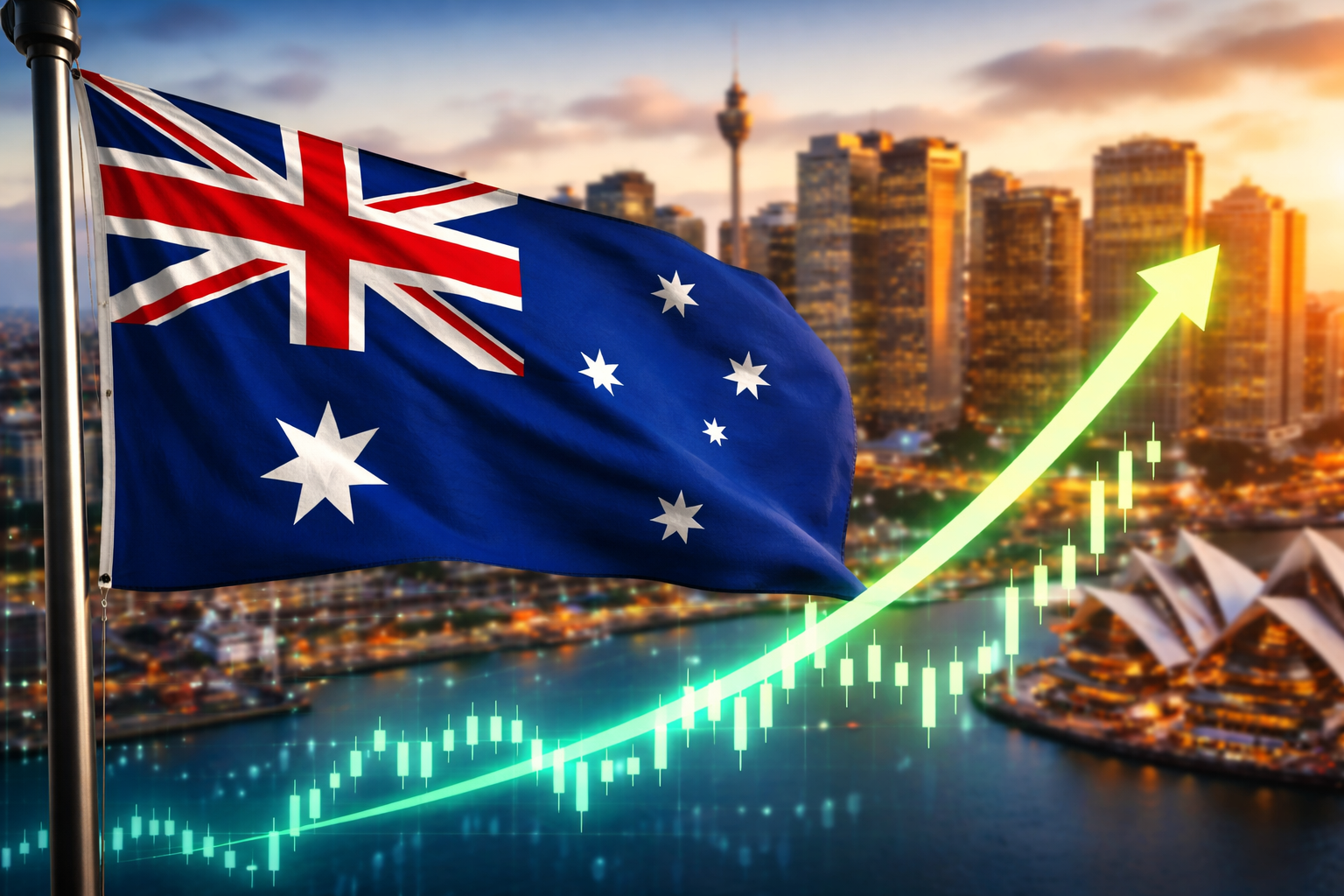 Australian flag waving against blue sky symbolizing Australia’s economy and stock market outlook