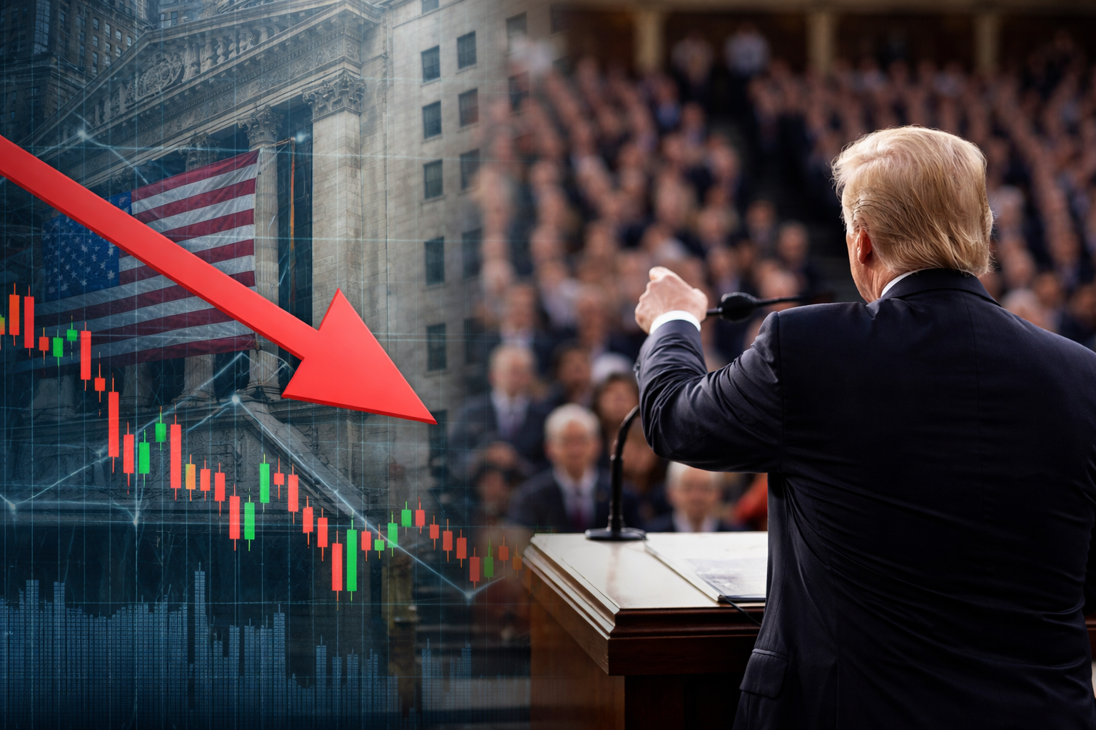President Trump speaking at the State of the Union with stock market decline and US flag in background, symbolizing tension between US economy data and voter sentiment.
