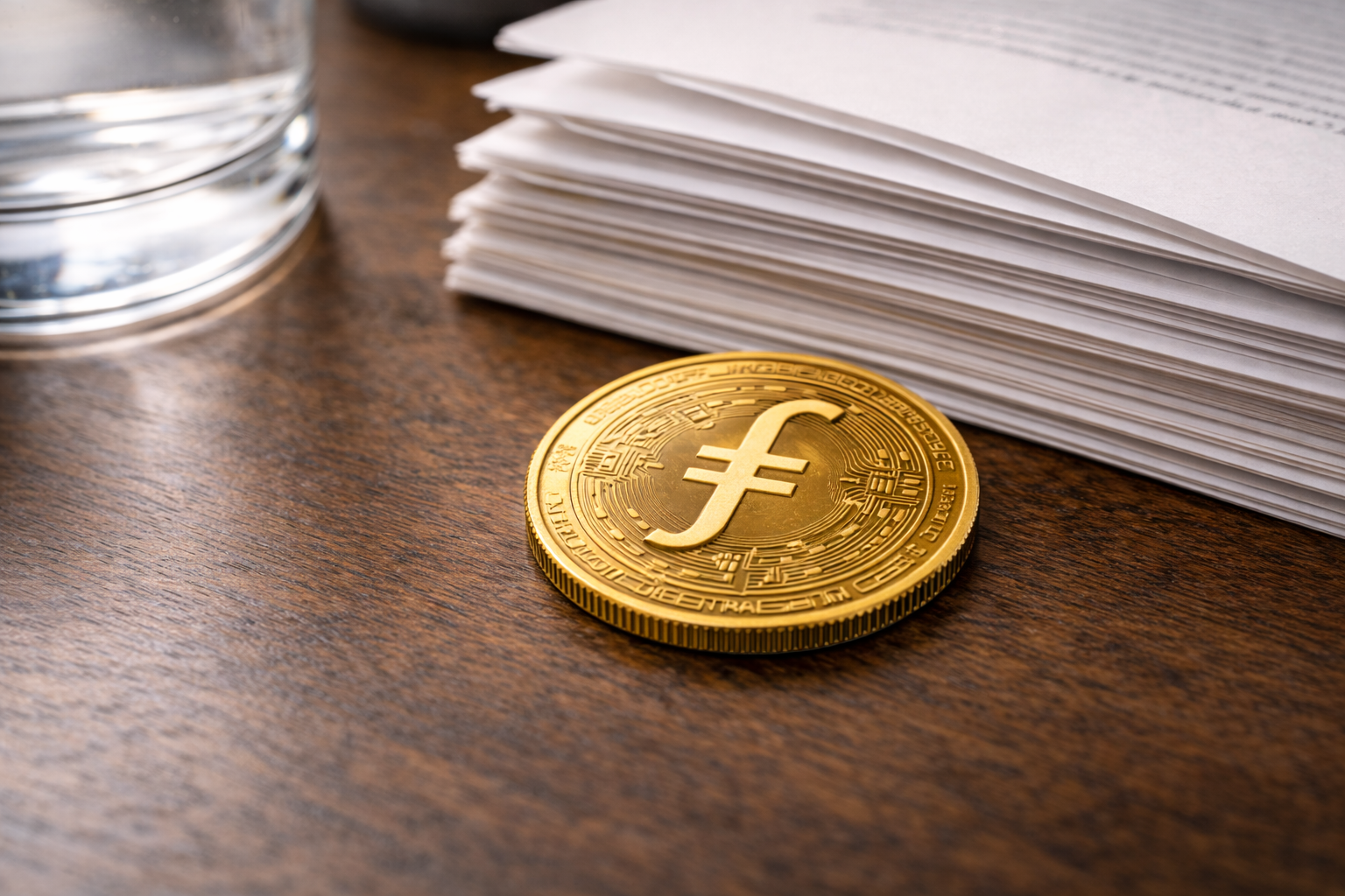 A Filecoin placed on a wooden desk beside a stack of printed documents and a glass of water.