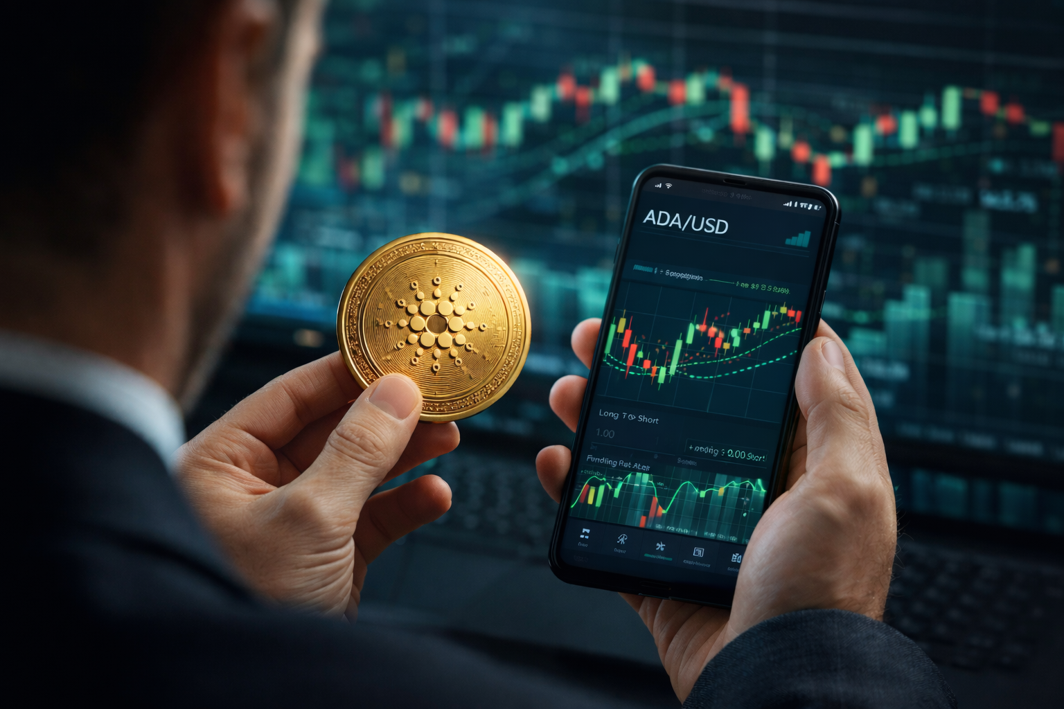 An investor holds a Cardano ADA coin in one hand while viewing a crypto trading chart on a smartphone screen.