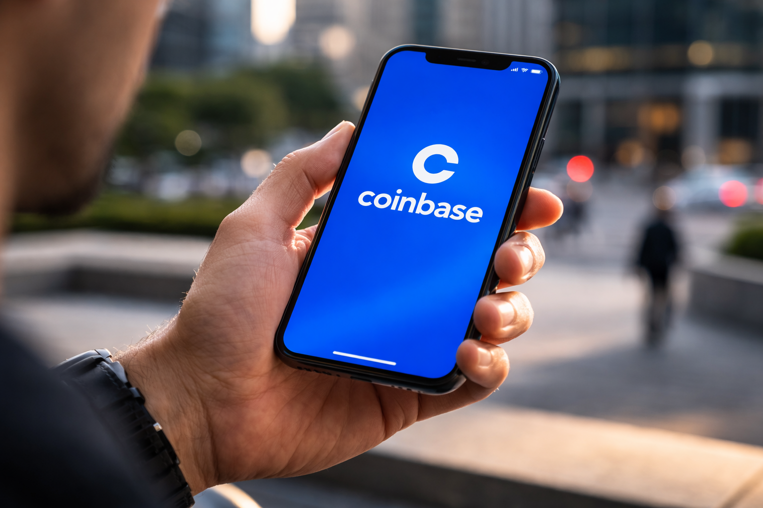 A person holds a smartphone displaying the Coinbase app logo against an urban background.