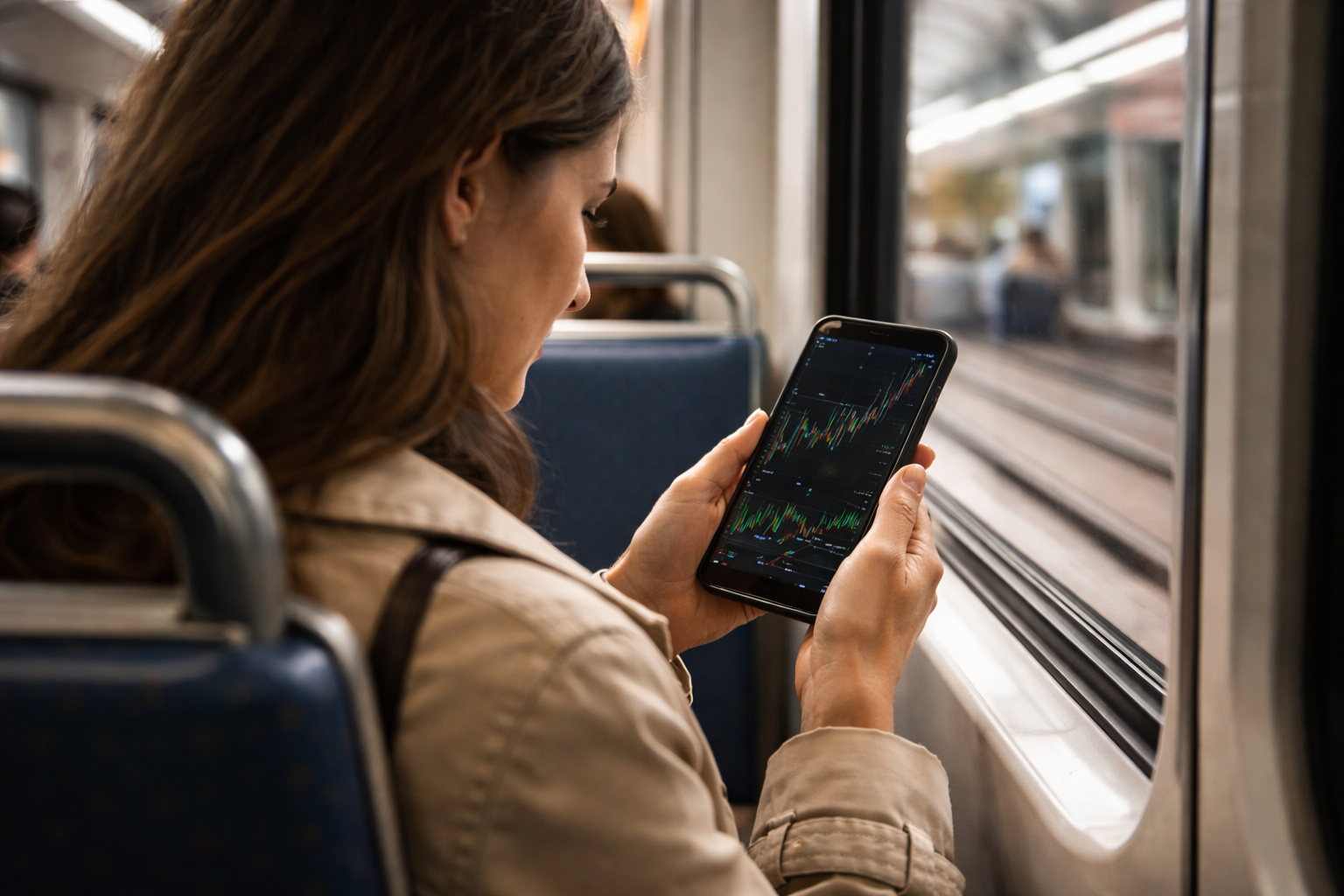 A woman riding public transport looks at a smartphone displaying a candlestick trading chart while sitting beside a window.