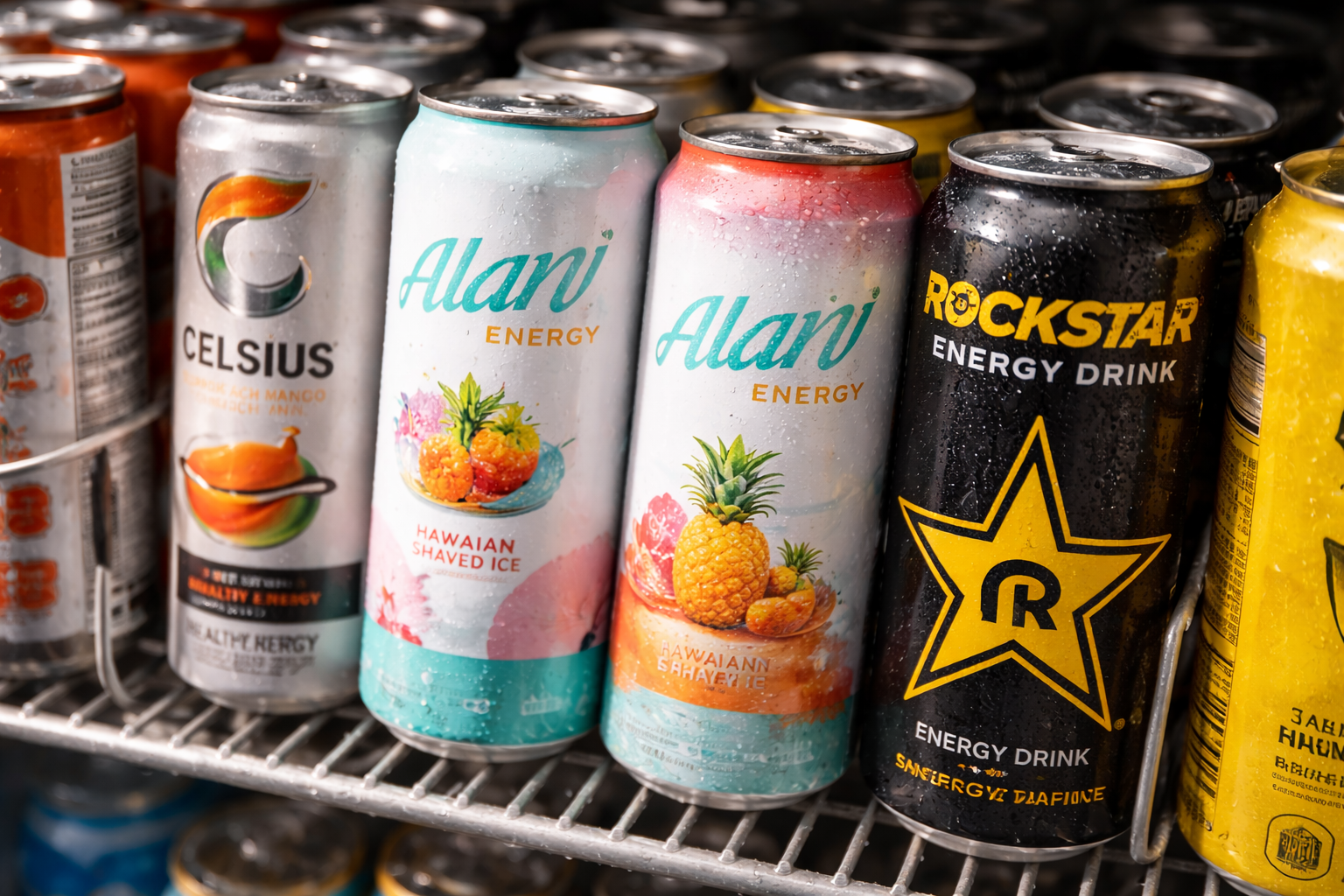 Cans of Celsius, Alani Energy and Rockstar energy drinks displayed in a refrigerated store shelf.