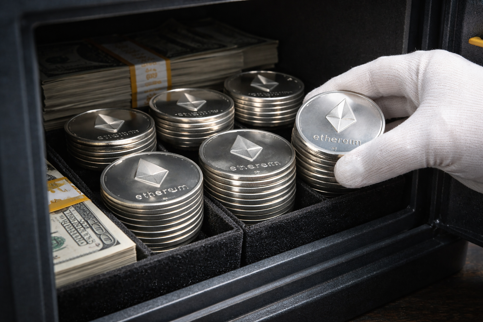 Stacks of physical ethereum tokens and bundles of US dollar bills inside a safe as a gloved hand arranges the coins.