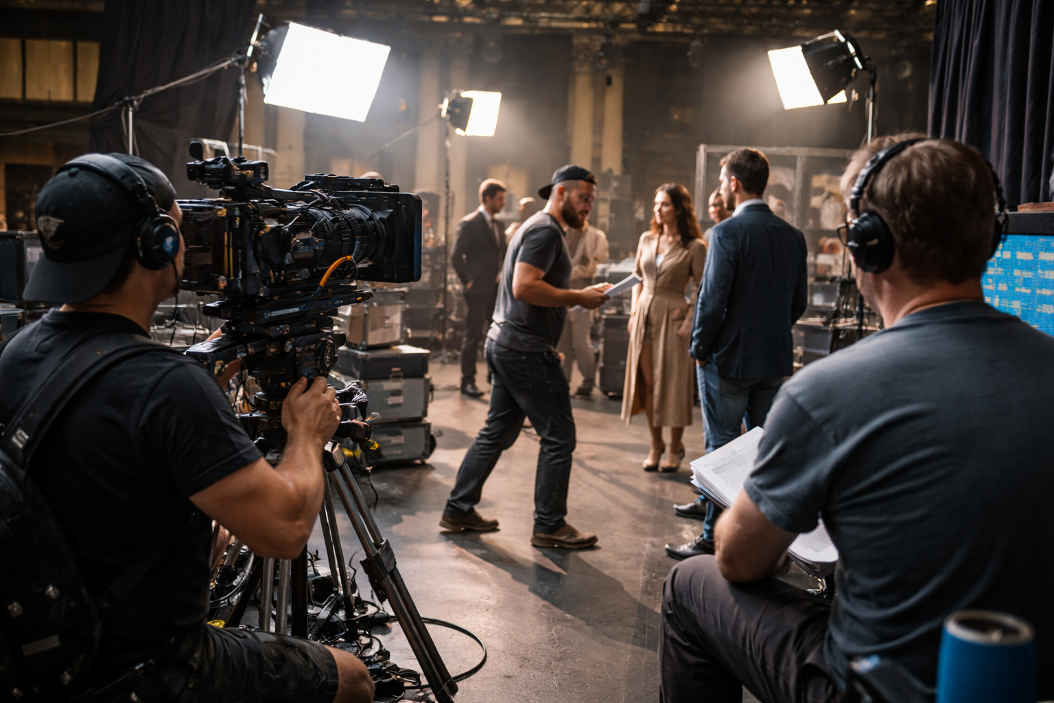 Camera operators and production crew filming actors on a studio set under bright stage lights during a television or movie shoot.