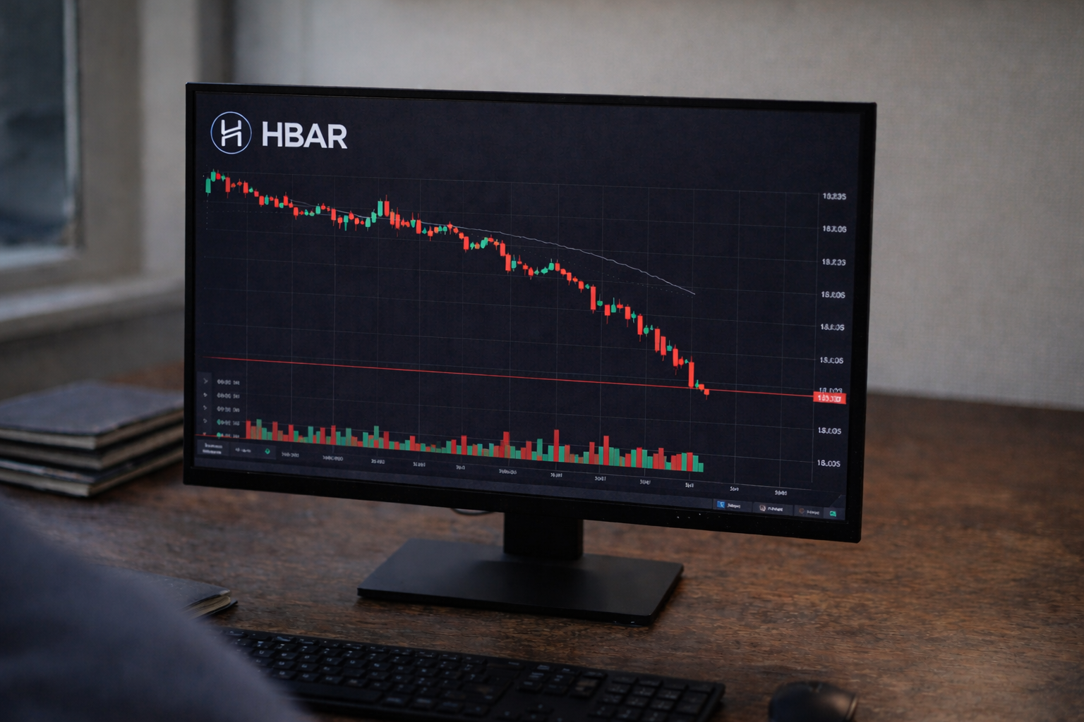 A computer monitor displays an HBAR cryptocurrency price chart trending downward.