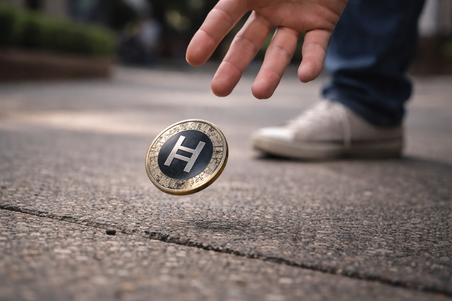A Hedera HBAR cryptocurrency coin falling toward the ground as a hand reaches out to catch it.