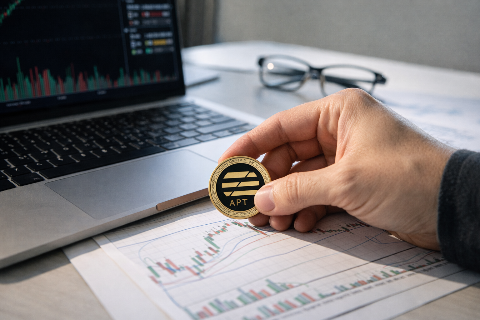 A hand holding an APT cryptocurrency token beside a laptop displaying market charts and technical indicators.