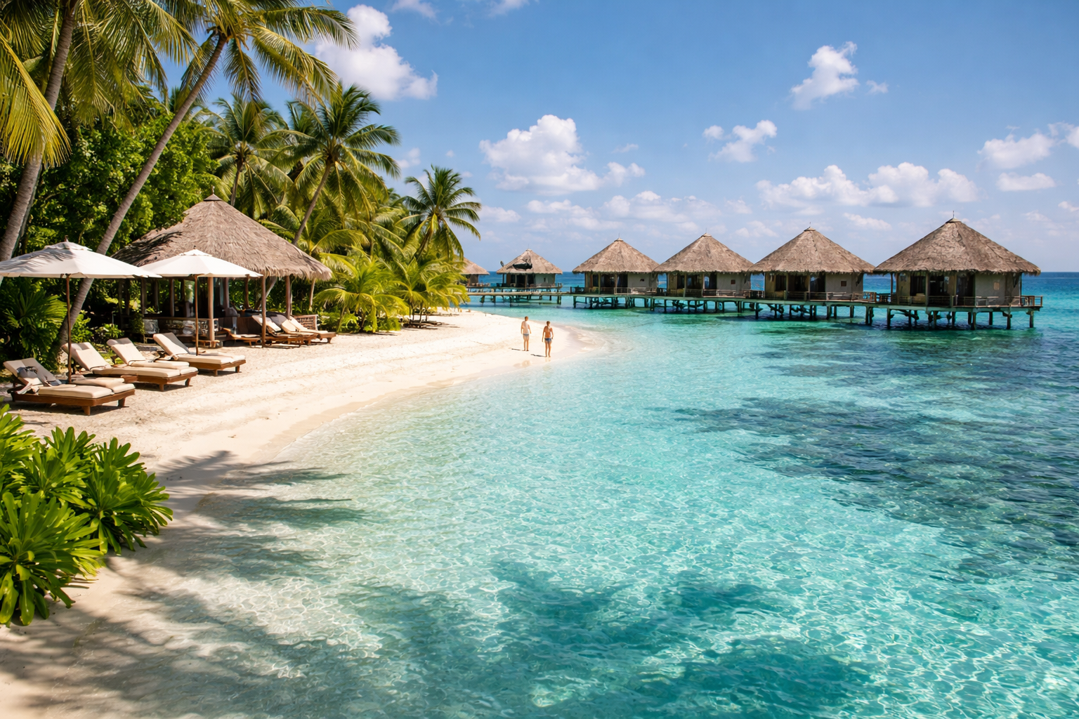Luxury overwater villas and beachfront seating at a tropical Maldives resort with clear turquoise water and palm trees.