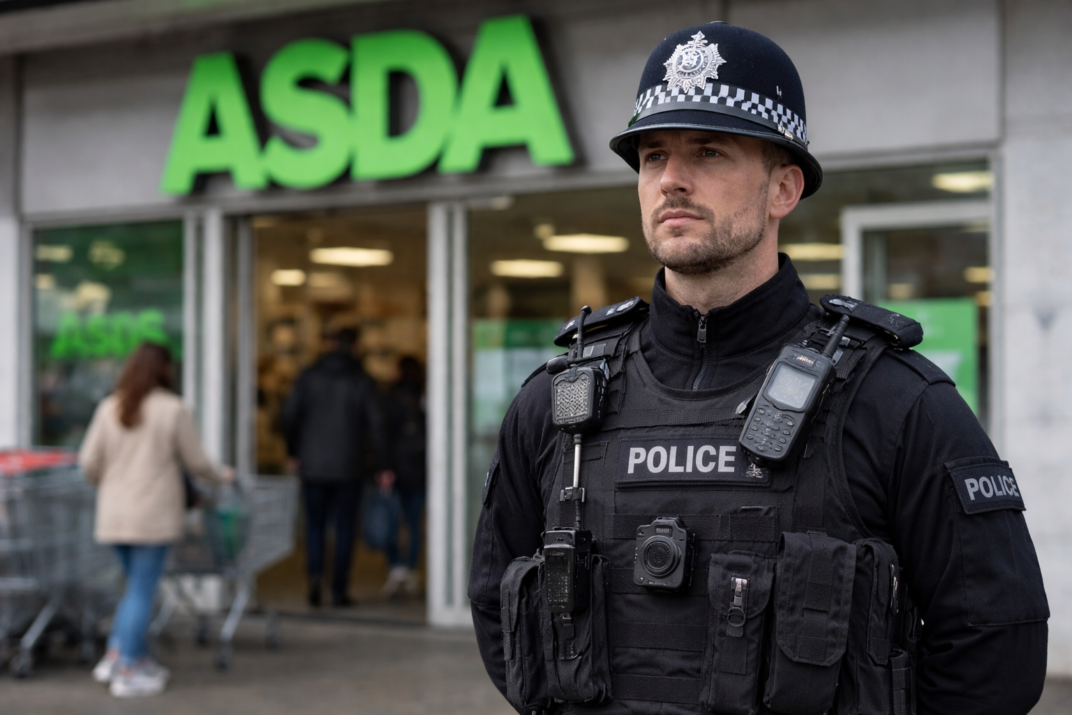 A police officer stands outside an Asda supermarket entrance as shoppers enter and exit.