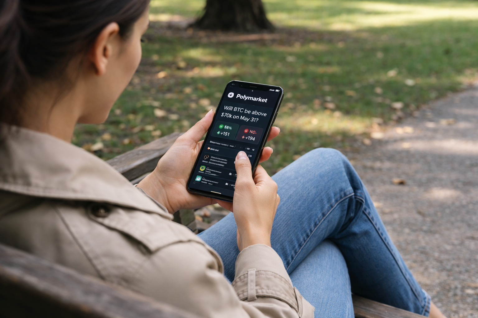 Person sitting on a park bench using a smartphone displaying the Polymarket app with a Bitcoin price prediction market.