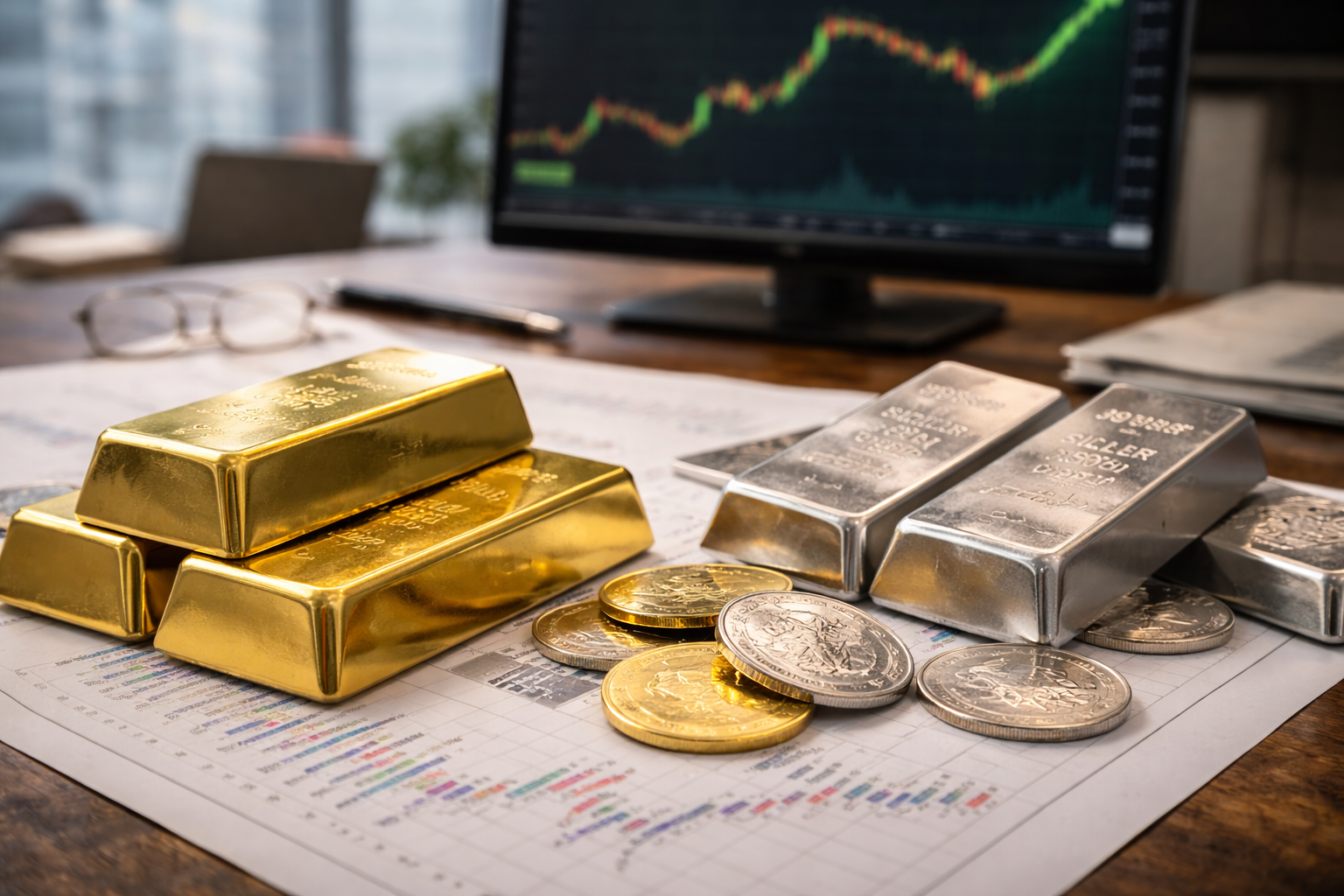 Gold and silver bullion bars and coins placed on financial charts beside a monitor showing an upward market price trend.
