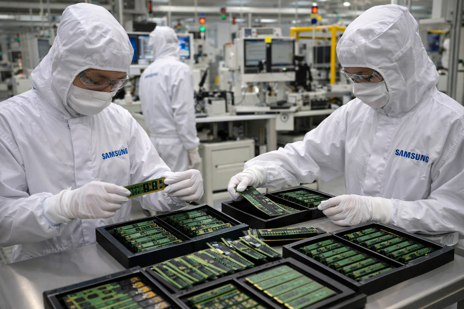 Technicians in cleanroom suits inspect memory chips on trays inside a semiconductor manufacturing facility.
