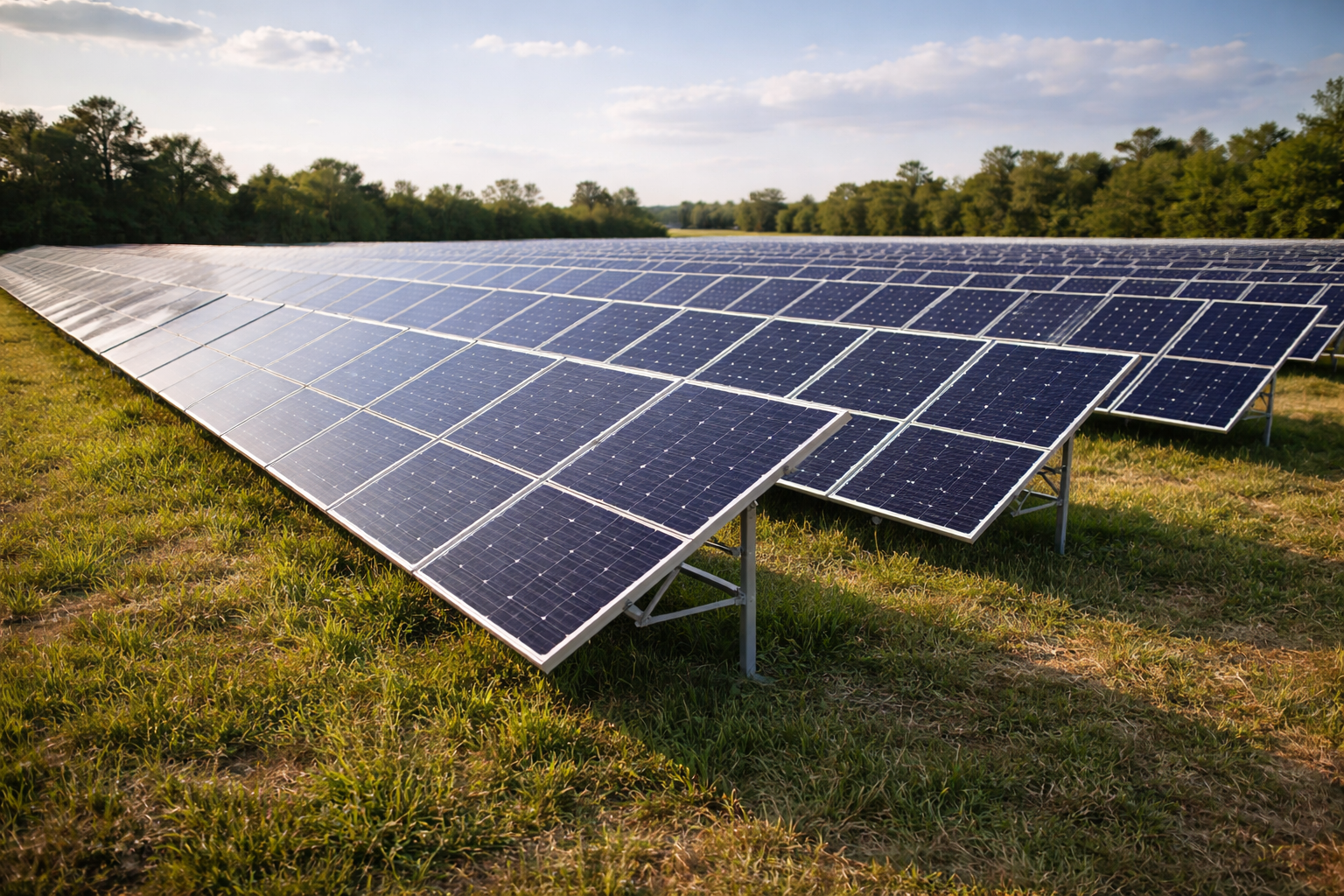 Rows of solar panels installed across an open grassy field generating renewable electricity under clear daylight.