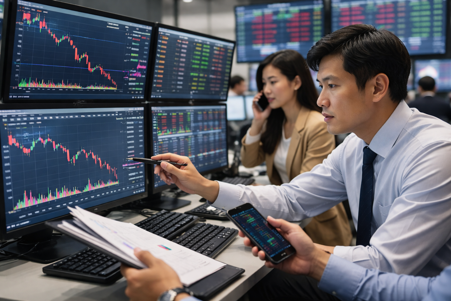Two financial traders study multiple market charts and price data on trading screens while tracking positions on a mobile phone.