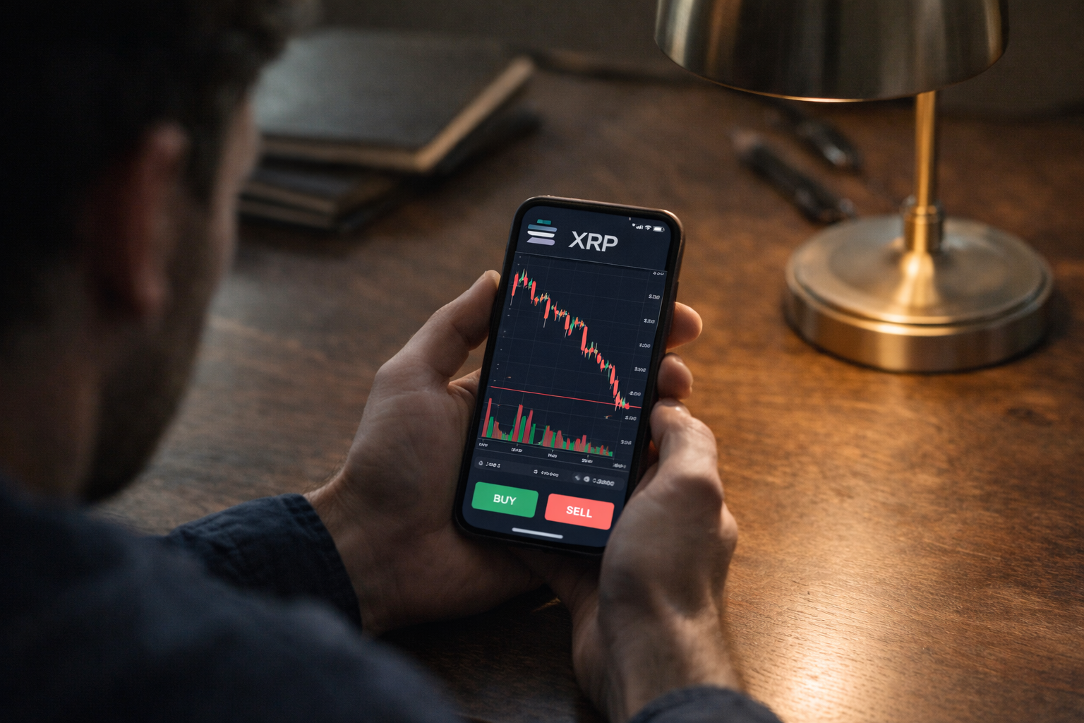 A person holds a smartphone showing an XRP price chart trending downward on a trading app.