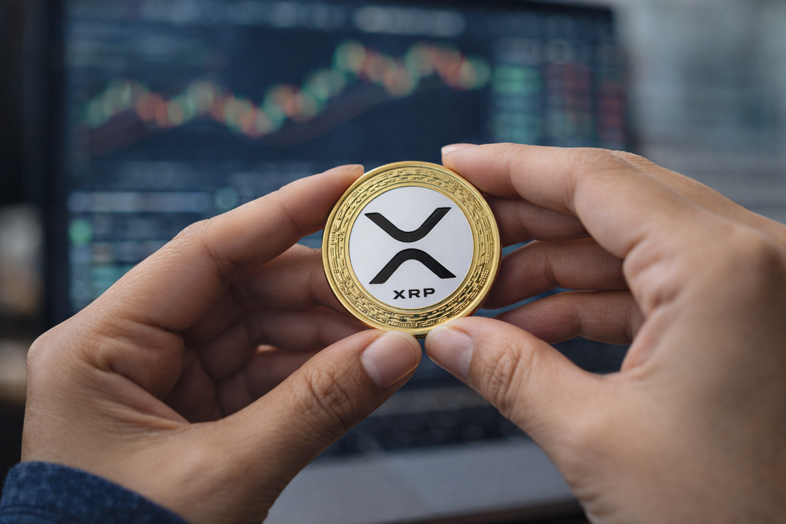 Hands holding a physical XRP cryptocurrency token with a blurred trading chart displayed on a computer screen in the background.
