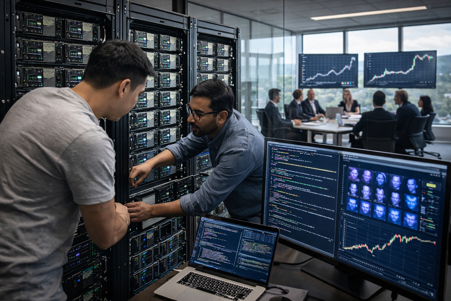 A modern glass office in Silicon Valley with engineers working on high-end AI servers, screens filled with code and model outputs. In the background, a boardroom discussion unfolds as investors review charts showing a $25B valuation surge.