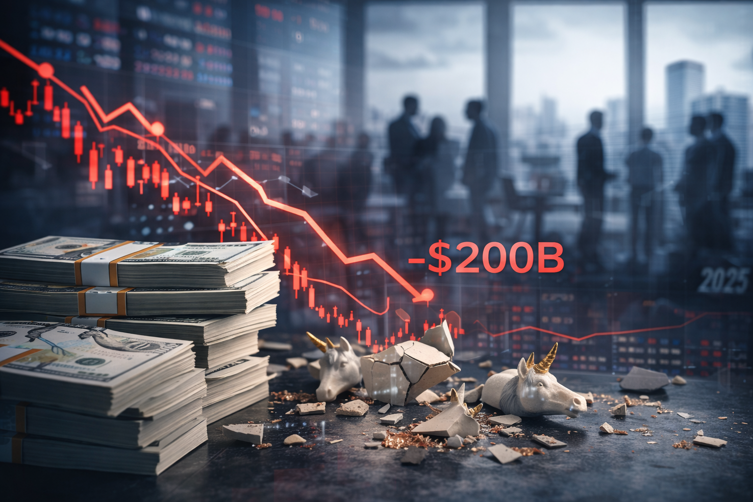 Stacks of cash beside broken unicorn figurines and a falling market chart, illustrating the venture capital liquidity crisis and missing investor returns.