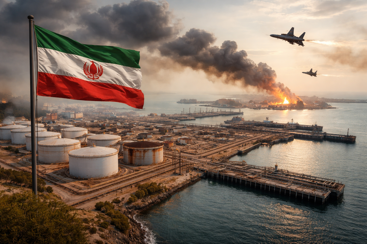 Aerial view of Kharg Island oil terminal in the Persian Gulf with large storage tanks and oil tankers anchored offshore.