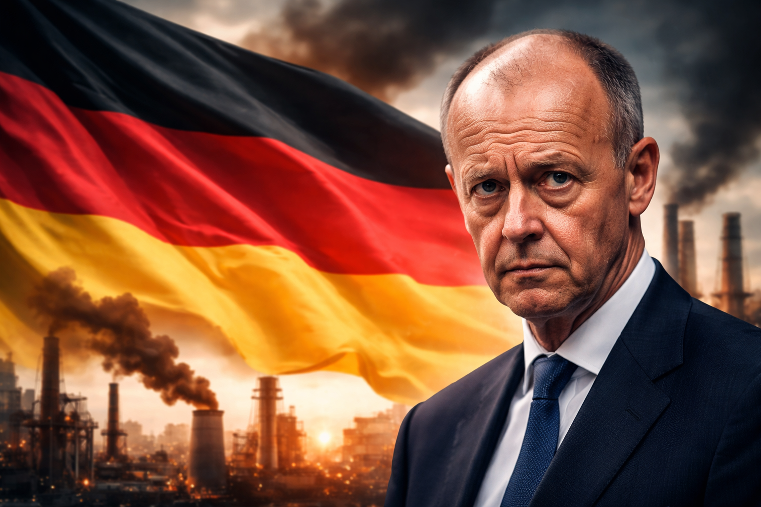 Porträt von Friedrich Merz mit deutscher Flagge und Industrieschornsteinen, die Deutschlands Wirtschafts- und Energiekrise symbolisieren