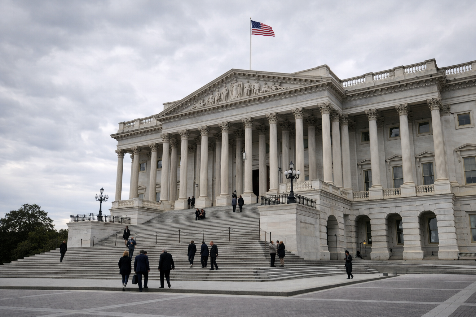 The United States Capitol building with the American flag flying above as people walk up the steps under a cloudy sky.