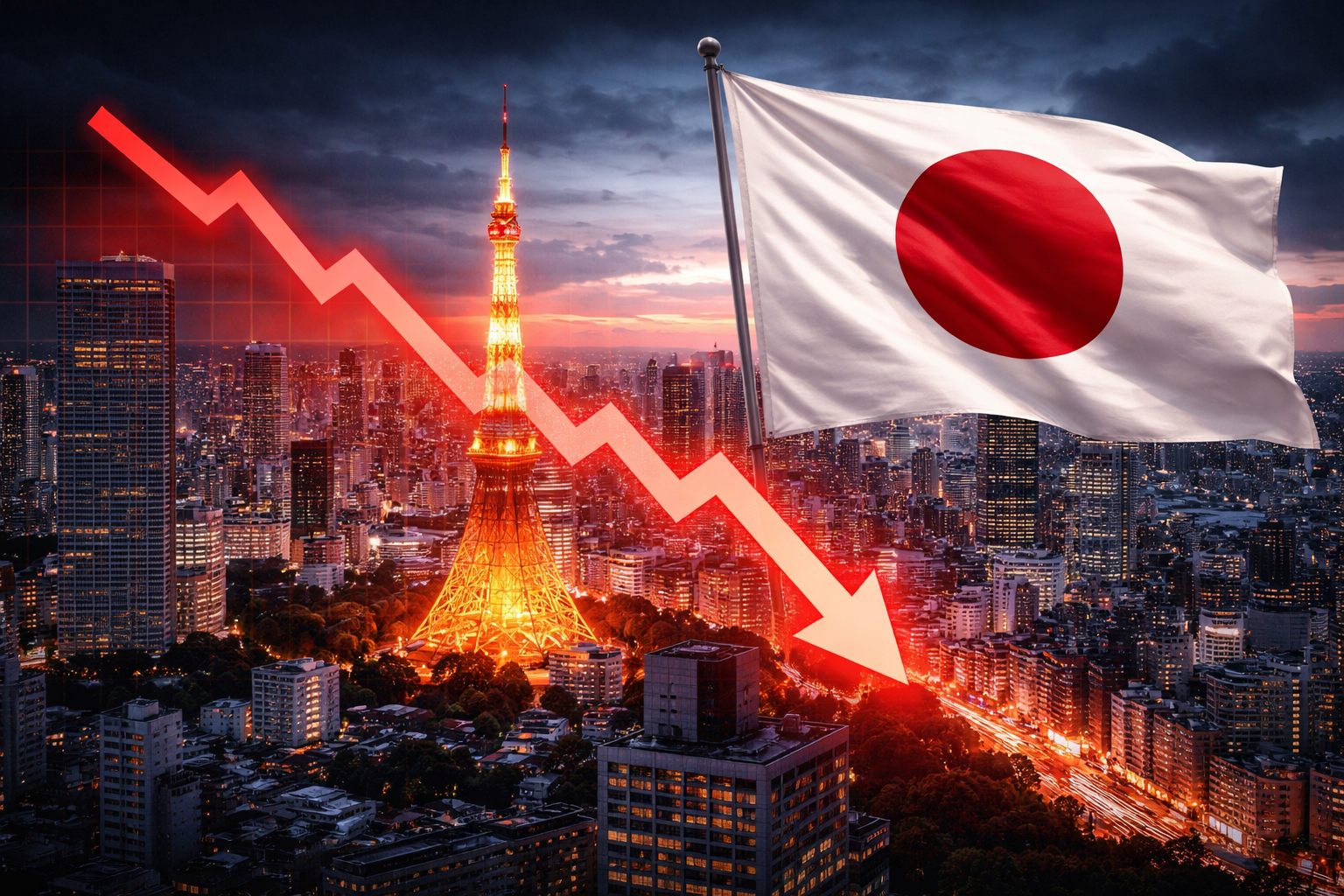 Tokyo skyline with Japanese flag and a sharp downward market arrow, symbolizing a decline in Japan’s stock market.