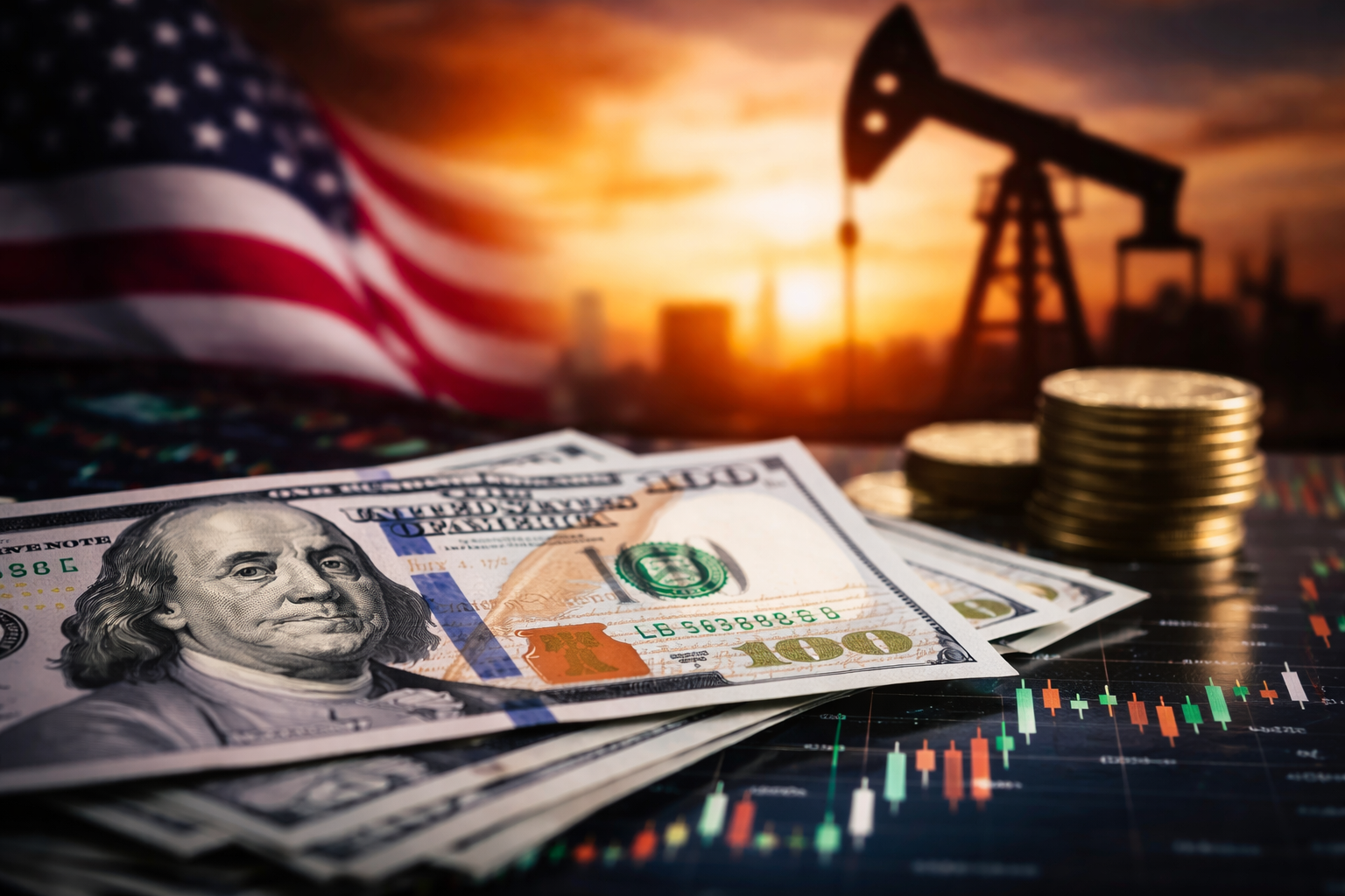 US dollar banknotes with oil pump and American flag symbolizing geopolitical risk and currency markets