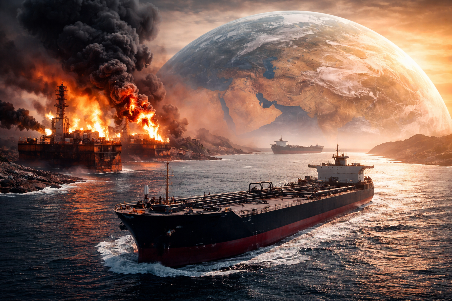 Oil tanker sailing through the Strait of Hormuz with burning offshore oil facilities, symbolizing global energy market disruption during the Iran war.