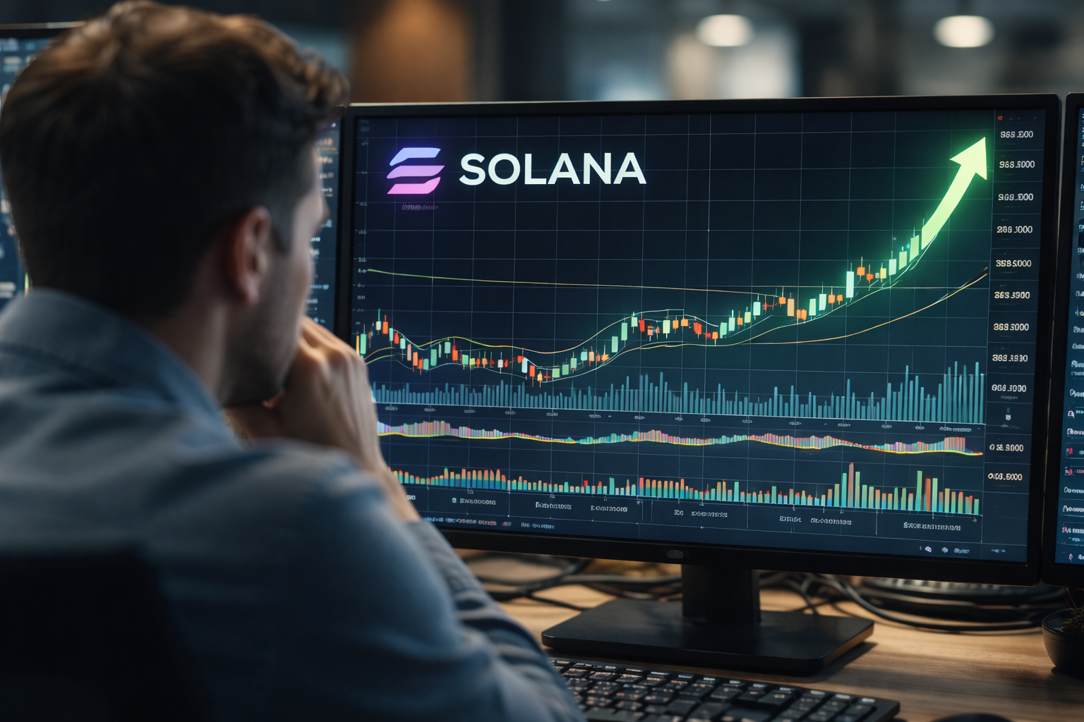Trader staring at a bullish Solana chart