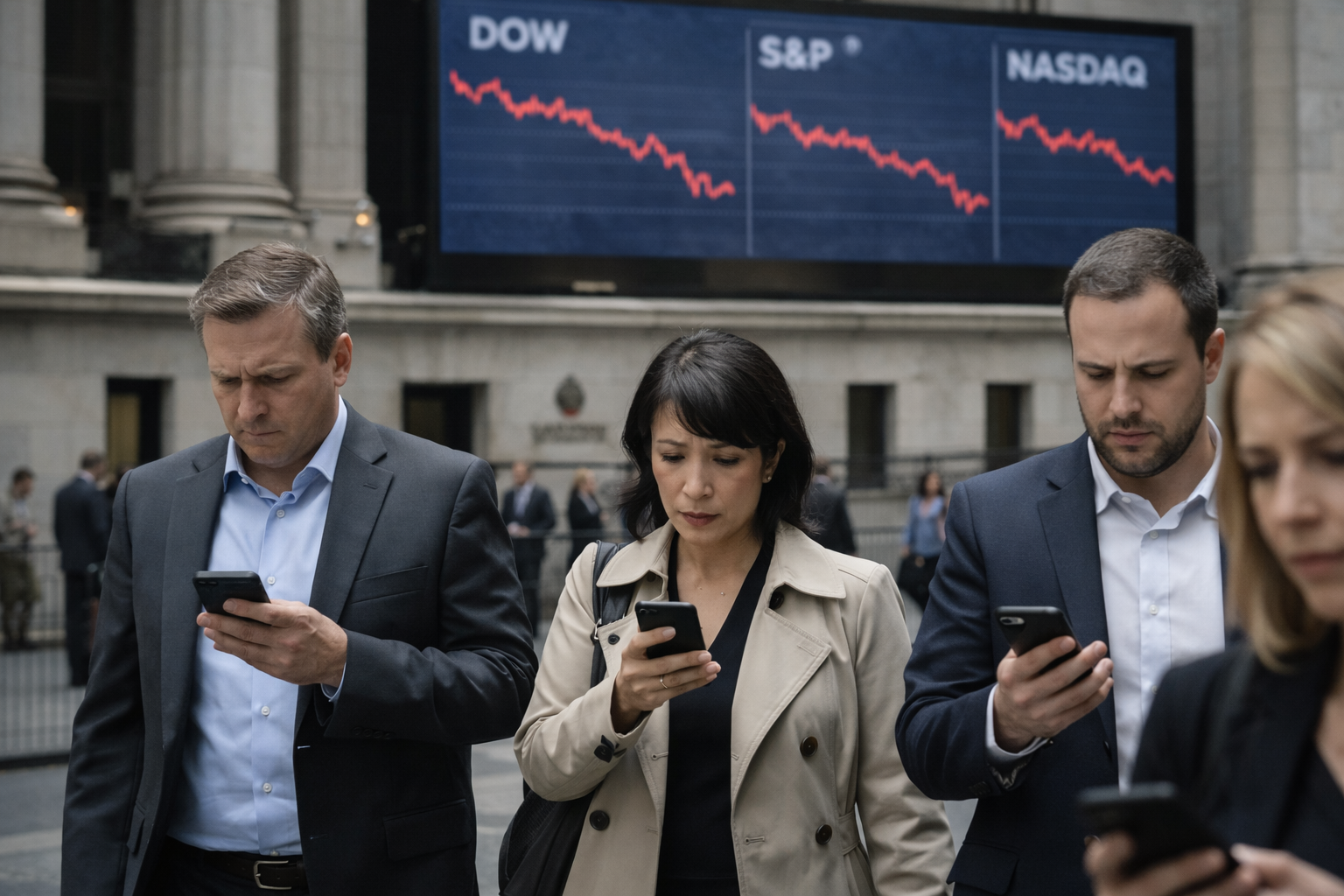 Three business professionals looking at their phones outside a stock exchange as a digital board behind them shows the Dow, S&P and Nasdaq falling sharply.