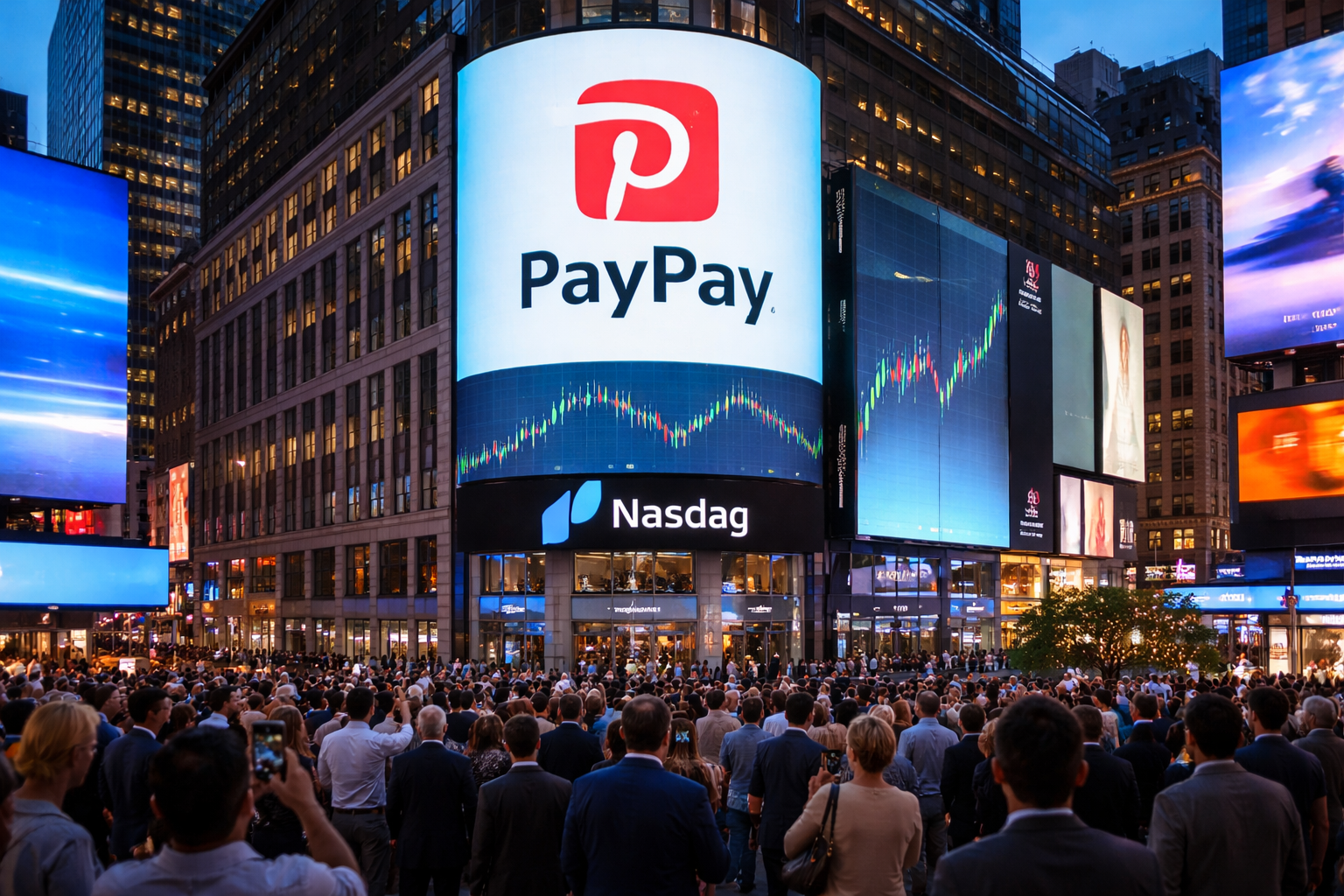 The Nasdaq MarketSite in Times Square, New York, with its large digital screens displaying stock tickers and an IPO announcement board, symbolizing PayPay’s debut on the Nasdaq exchange.