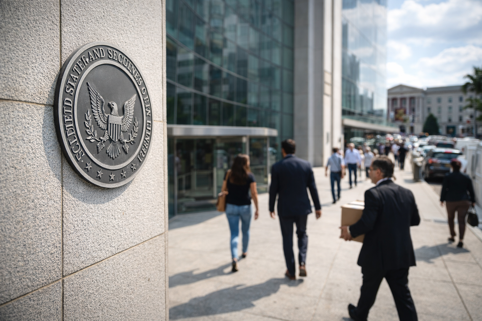 Outside the SEC headquarters in Washington, D.C., with the building’s official seal visible as people walk past amid a busy street backdrop.