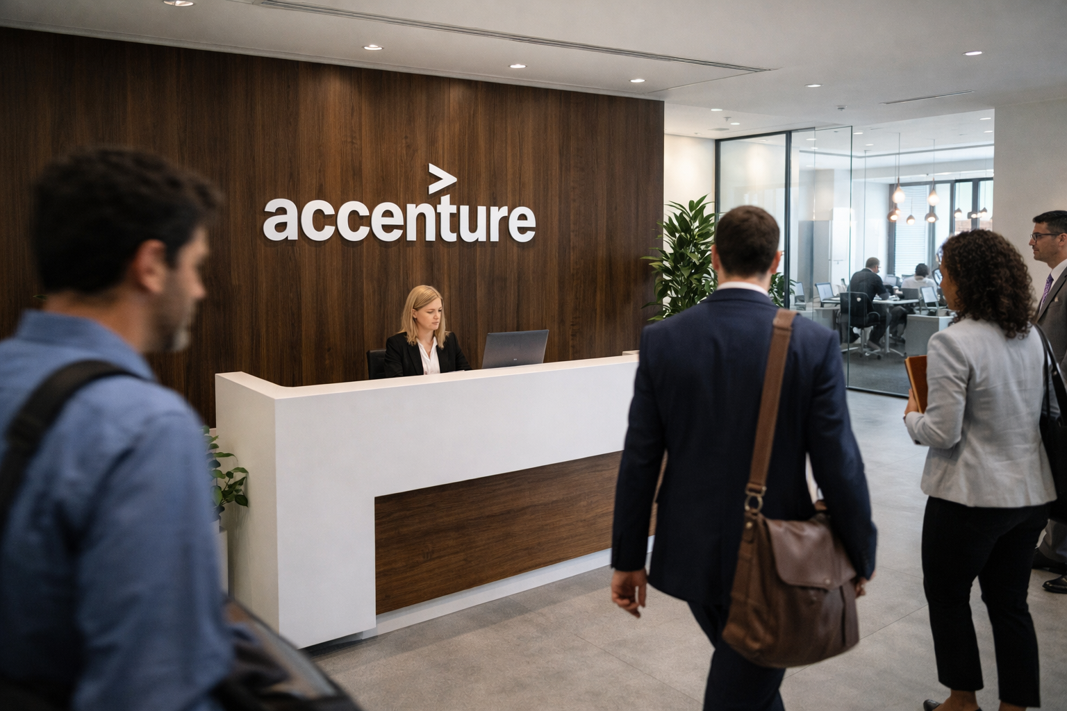 Visitors walk into an Accenture office reception area where a staff member sits at the front desk, with the company logo displayed on a wooden wall and meeting rooms visible in the background.