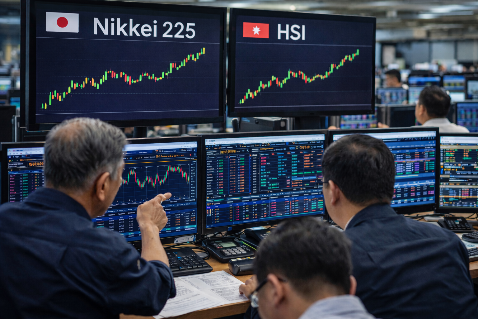 Traders monitor multiple screens showing Nikkei 225 and Hang Seng Index charts in a busy Asian stock trading room.