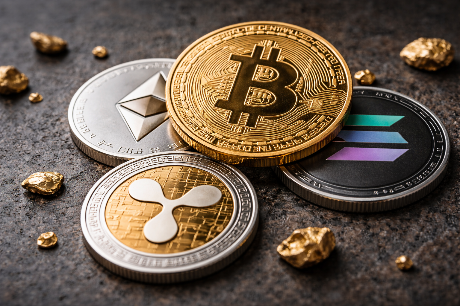 Physical coins representing Bitcoin, Ethereum, Solana and XRP placed together on a dark textured surface