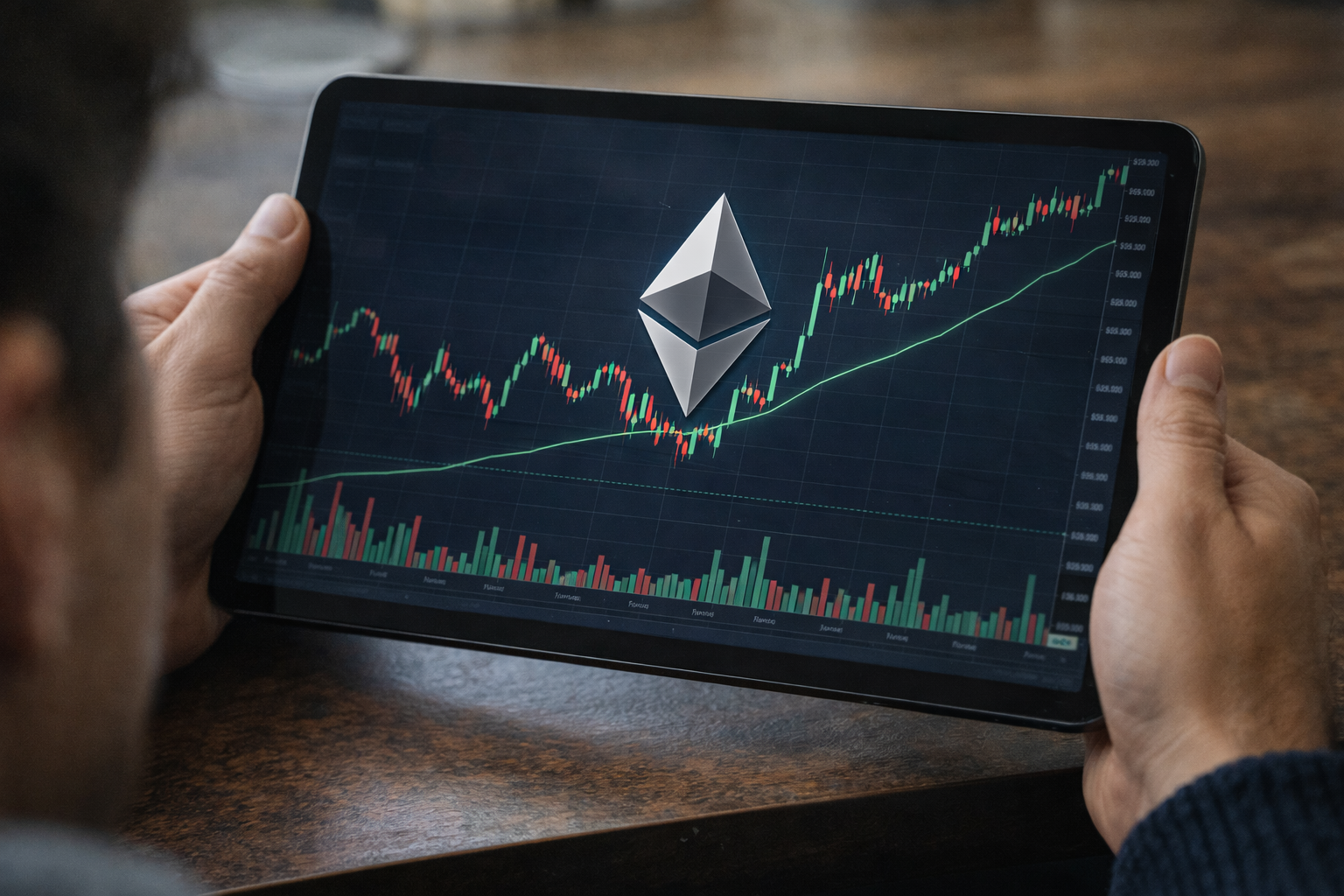 Person holding a tablet showing an Ethereum logo over a rising cryptocurrency price chart with green trend line and trading volume bars.