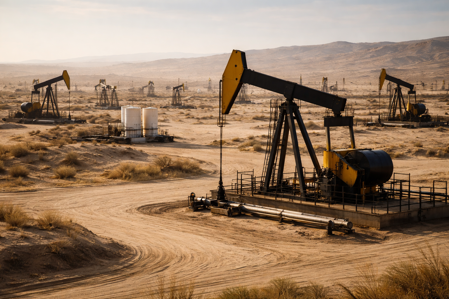Multiple oil pumpjacks operating across a dry desert oil field with storage tanks and pipelines