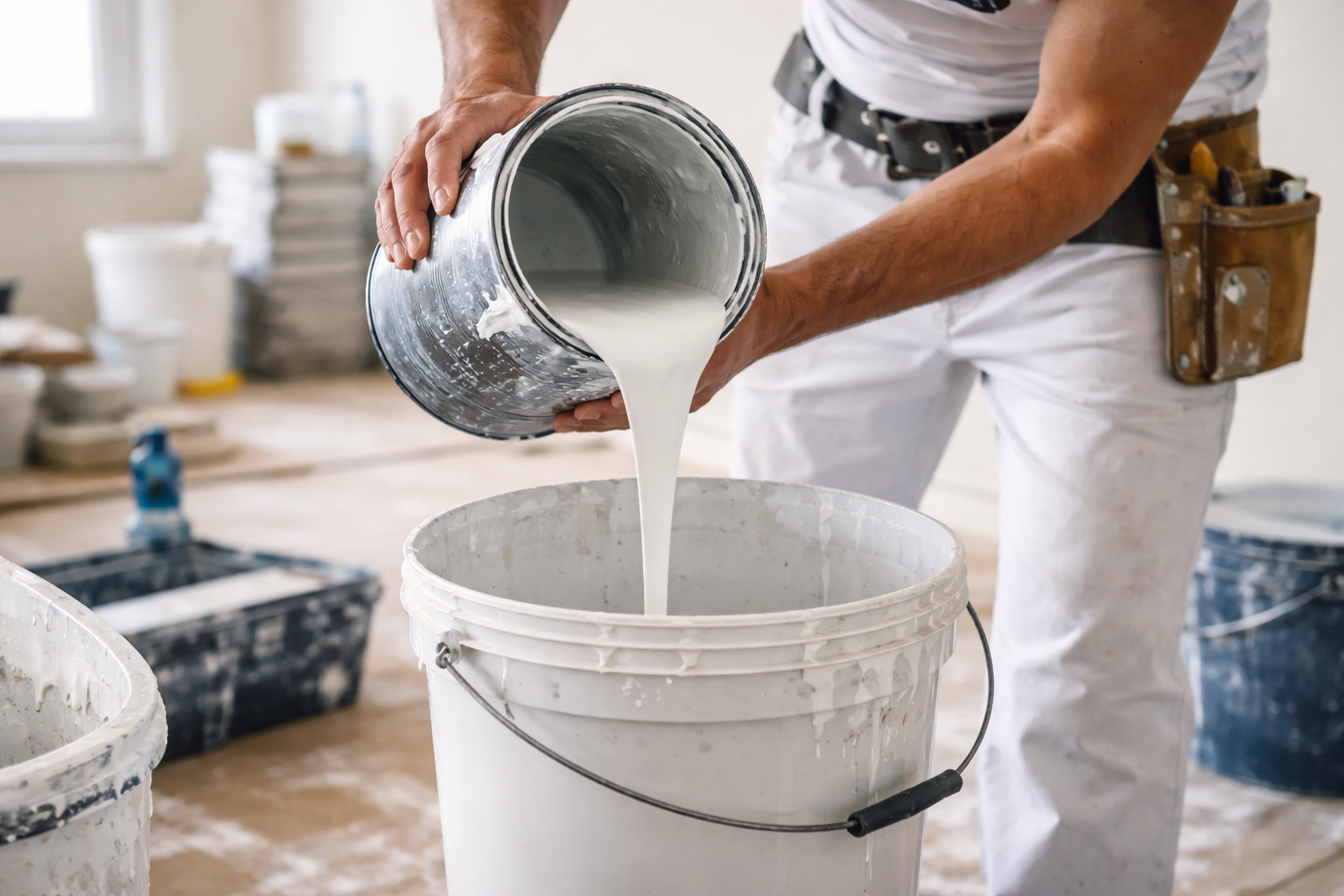 Painter pours white paint from a metal container into a bucket during interior renovation work.