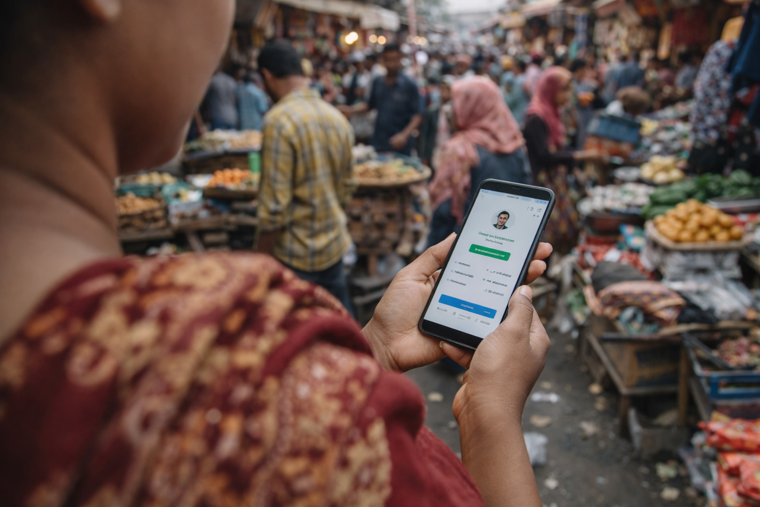A shopkeeper in a crowded Dhaka bazaar checks incoming funds on a mobile wallet, with her face out of frame amid the bustle of daily trade.