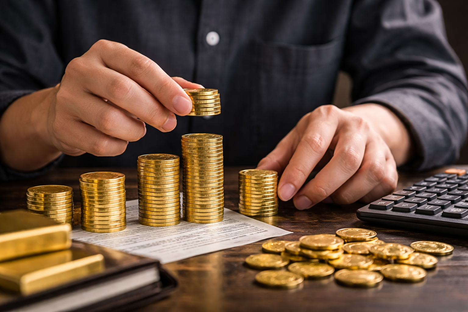 Person stacking gold coins on a table beside a calculator and documents, symbolizing savings, investment growth, and financial planning.