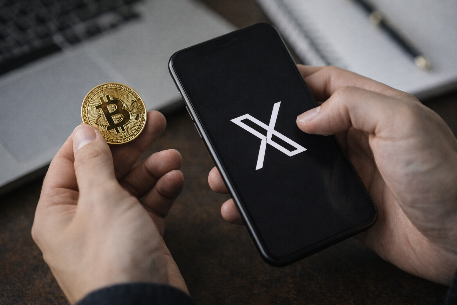 A person holds a physical Bitcoin coin while viewing the X app on a smartphone screen.