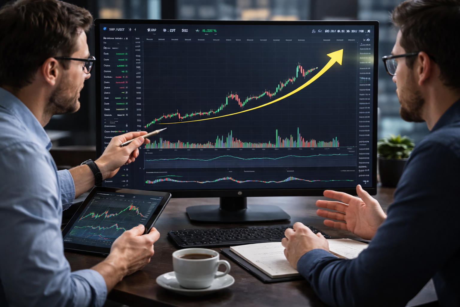 Traders analyzing a bullish Bitcoin chart