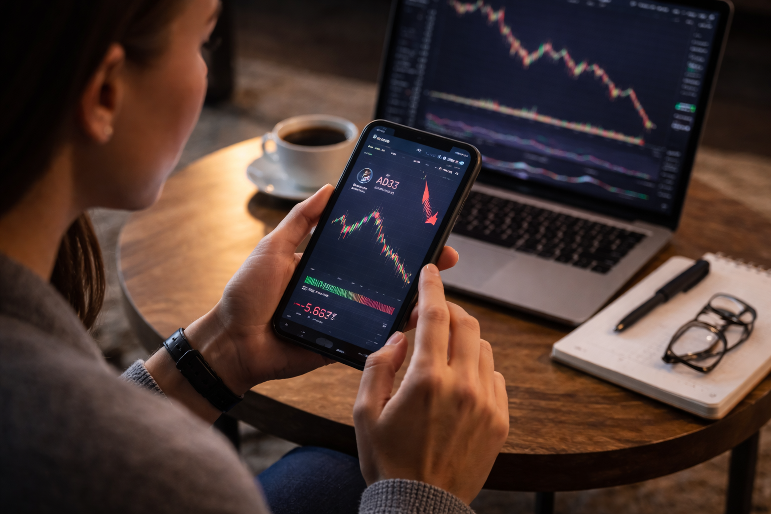 A trader analyzing the bearish Cardano chart on her phone