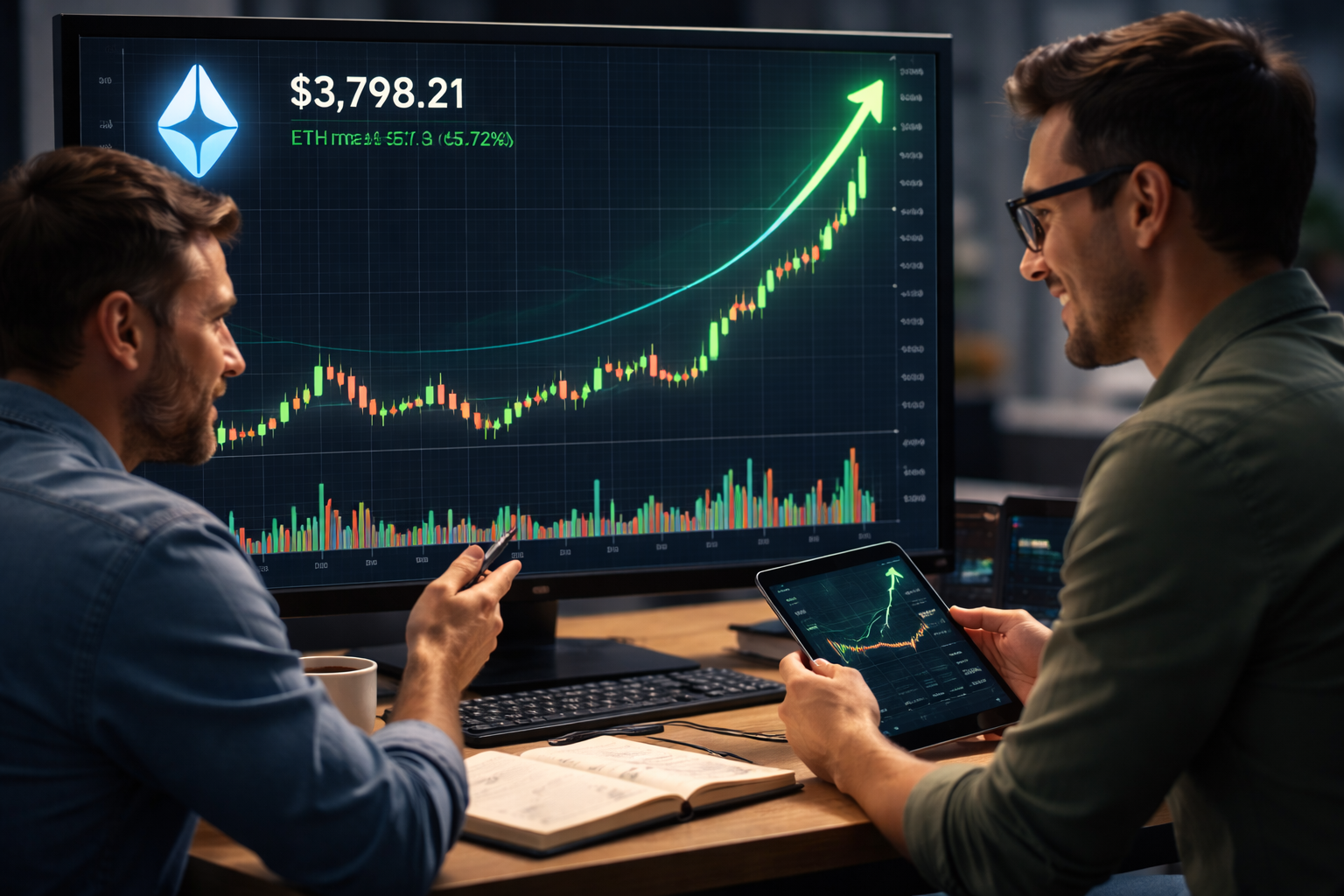 Traders analyzing a bullish Ethereum chart