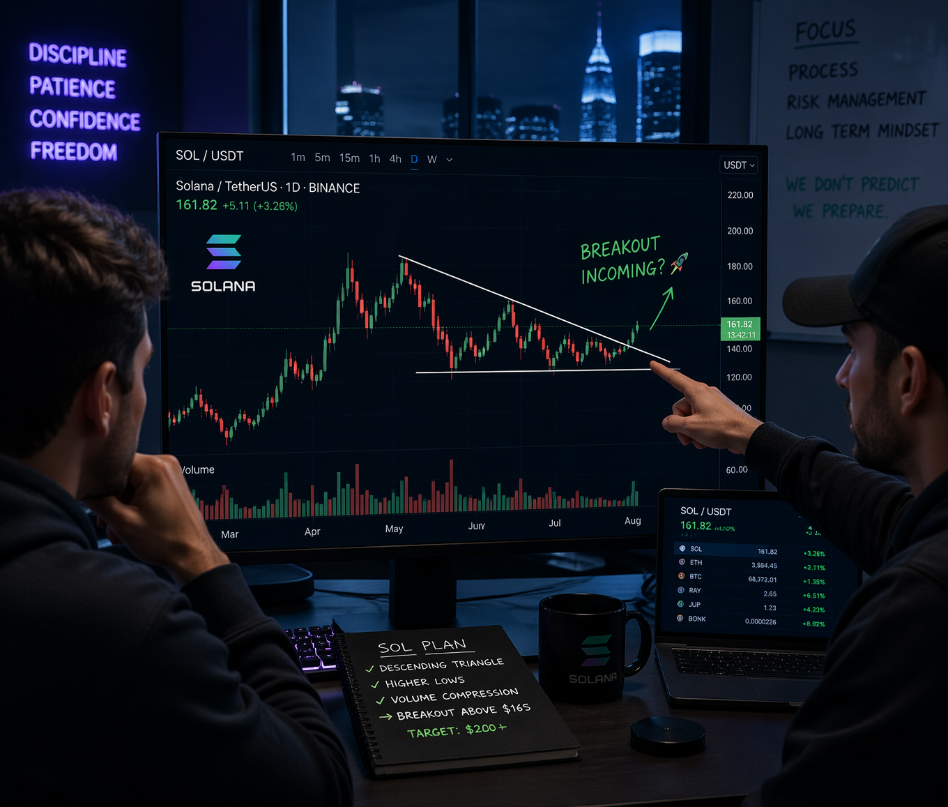 Two traders analyzing Solana's breakout chart