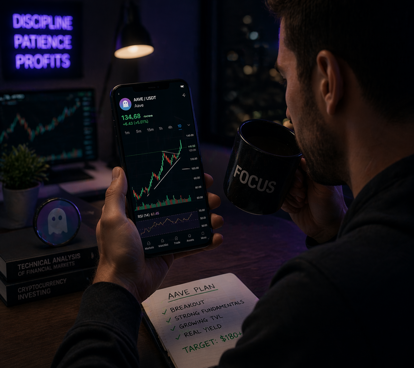 A trader analyzing Aave while sipping coffee