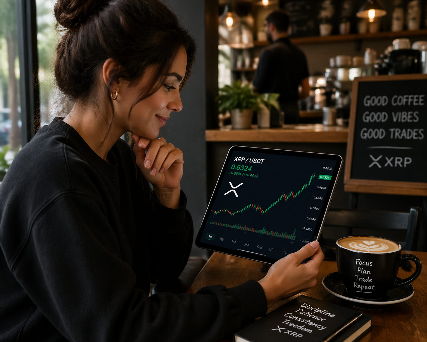 A trader analyzing XRP's chart in a diner