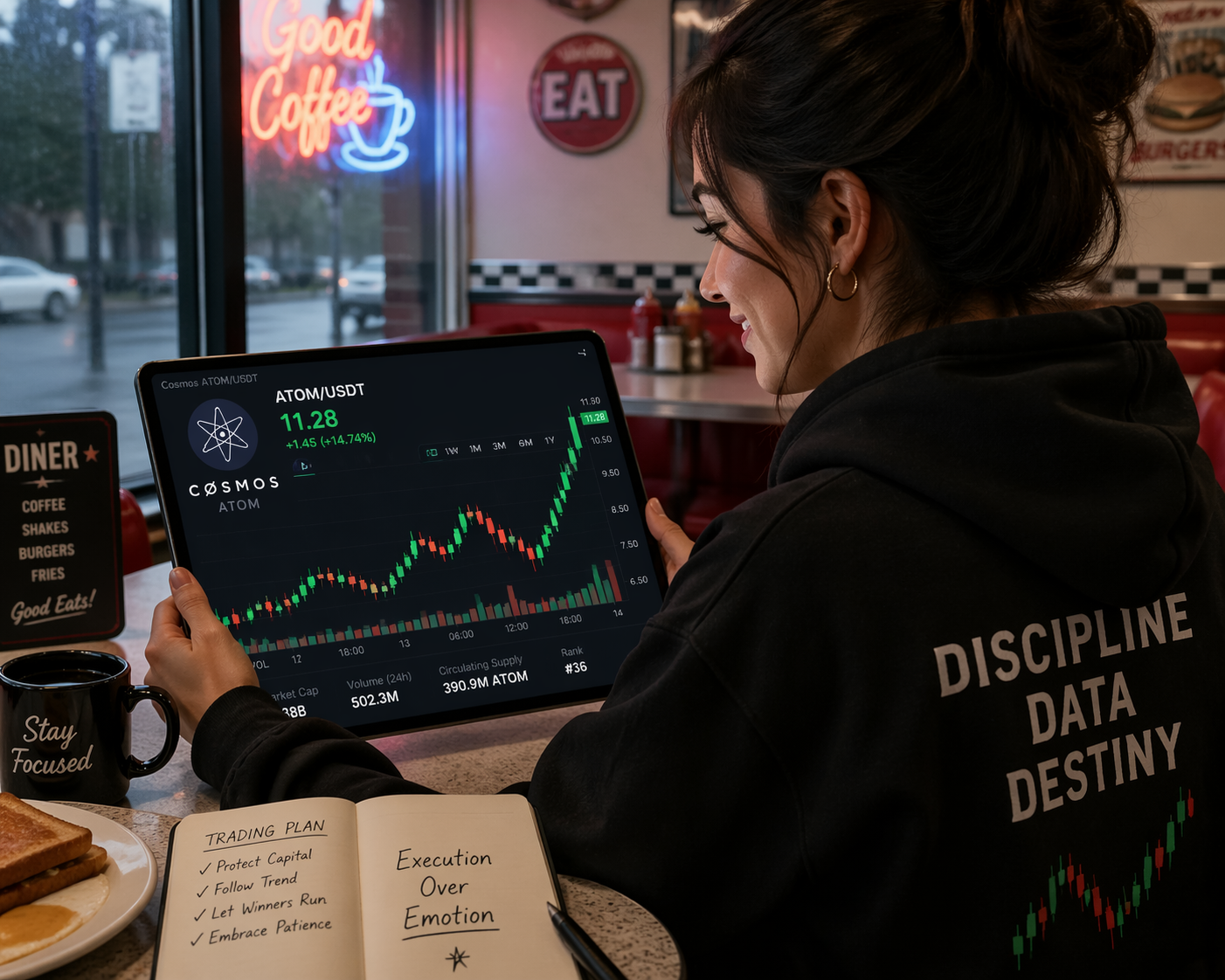 A trader enjoying a meal while analyzing Cosmos